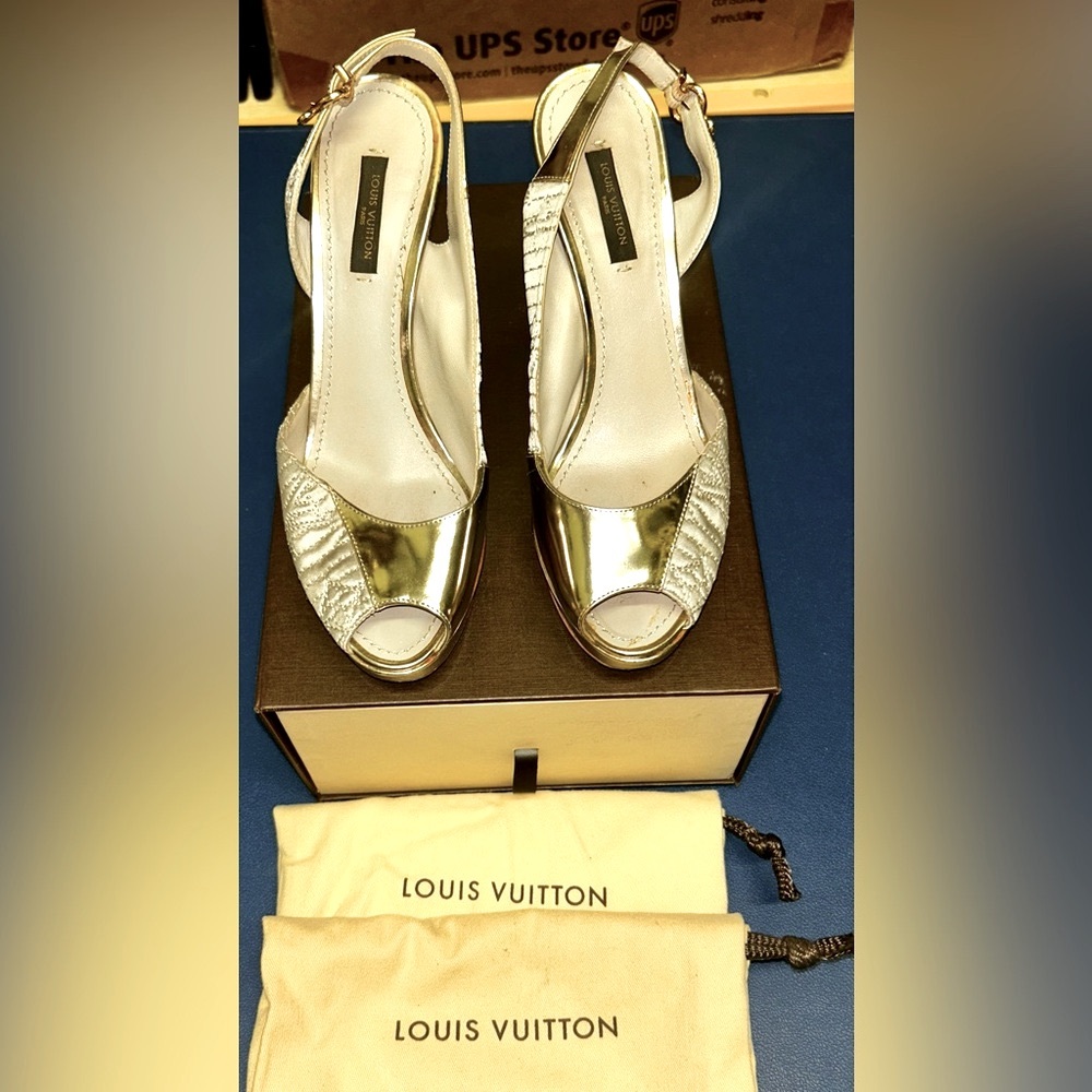 Louis Vuitton monogram embroidered sling backs peep toe heels, 6